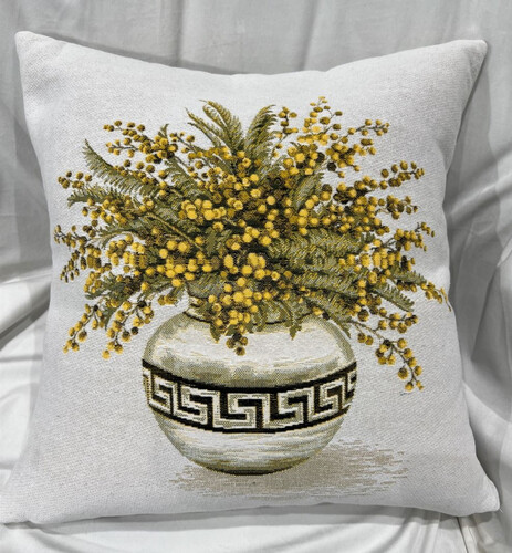 Casa Padrino Luxus Deko Kissen Blumen mit Vase Wei� / Mehrfarbig 45 x 45 cm - Bedrucktes Zierkissen mit edlem Gobelin Stoff - Luxus Deko Accessoires