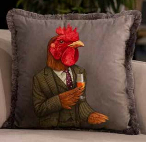 Casa Padrino Luxus Deko Kissen Gentleman Gockel Hahn Grau / Mehrfarbig 45 x 45 cm - Bedrucktes Samt Kissen mit Fransen - Luxus Qualit�t