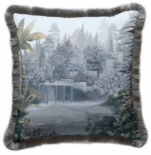 Casa Padrino Luxus Deko Kissen antike Landschaft Mehrfarbig / Grau 45 x 45 cm - Bedrucktes Samt Kissen mit Fransen - Luxus Deko Accessoires