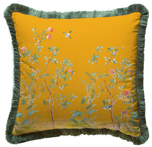 Casa Padrino Luxus Deko Kissen Str�ucher mit Blumen & V�gel Gelb / Mehrfarbig / Gr�n 45 x 45 cm - Bedrucktes Samt Kissen mit Fransen - Luxus Deko Accessoires