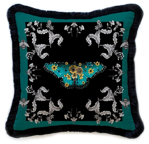 Casa Padrino Luxus Deko Kissen Schmetterling & Blumen Mehrfarbig / Schwarz 45 x 45 cm - Bedrucktes Samt Kissen mit Fransen - Luxus Deko Accessoires