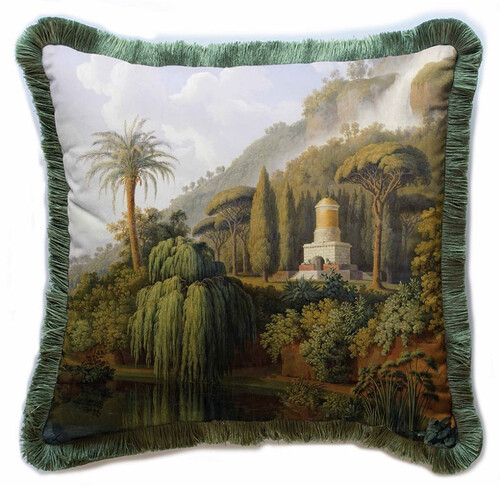 Casa Padrino Luxus Deko Kissen Landschaft Mehrfarbig / Gr�n 45 x 45 cm - Bedrucktes Samt Kissen mit Fransen - Luxus Deko Accessoires