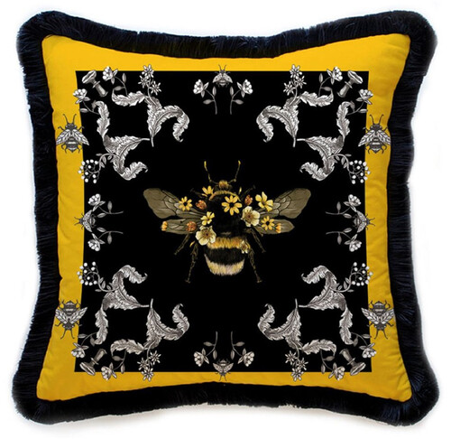 Casa Padrino Luxus Deko Kissen Hummel & Blumen Mehrfarbig / Schwarz 45 x 45 cm - Bedrucktes Samt Kissen mit Fransen - Luxus Deko Accessoires