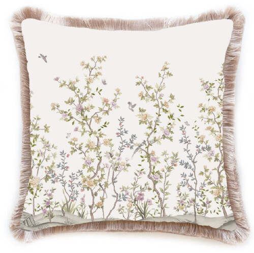 Casa Padrino Luxus Deko Kissen Str�ucher mit Blumen & V�gel Wei� / Mehrfarbig / Braun 45 x 45 cm - Bedrucktes Samt Kissen mit Fransen - Luxus Deko Accessoires