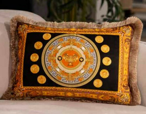 Casa Padrino Luxus Barock Samt Kissen Vase und M�nzen Schwarz / Gold / Braun 50 x 35 cm - Bedrucktes Deko Kissen mit Fransen - Barock Deko Accessoires