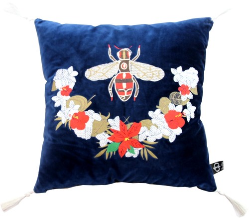 Casa Padrino Luxus Deko Kissen mit Troddeln Bee Blau / Wei� 45 x 45 cm - Feinster Samtstoff - Luxus Deko Accessoires
