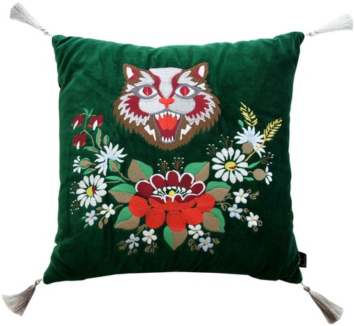 Casa Padrino Luxus Deko Kissen mit Troddeln Cat Gr�n / Wei� 45 x 45 cm - Feinster Samtstoff - Wohnzimmer Kissen