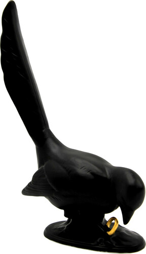 Casa Padrino Luxus Porzellan Skulptur Rabe mit Goldring Schwarz / Gold 17 x 7 x H. 47 cm - Reichenbach Porzellan - Made in Germany