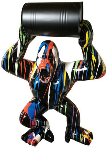 Casa Padrino Luxus Deko Skulptur Gorilla Affe mit Fass Schwarz / Mehrfarbig H. 140 cm - Gro�e Deko Figur - XXL Deko Skulptur - XXL Deko Figur - Wohnzimmer Deko - Garten Deko - Luxus Figuren