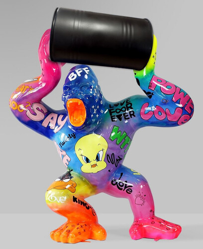 Casa Padrino Luxus Deko Skulptur Gorilla Affe mit Fass Mehrfarbig / Schwarz H. 240 cm - Gro�e Deko Figur - XXL Deko Skulptur - XXL Deko Figur - Wohnzimmer Deko - Garten Deko - Luxus Figuren