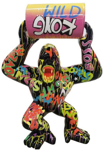 Casa Padrino Luxus Deko Skulptur Gorilla Affe mit Fass Schwarz / Bunt H. 250 cm - Gro�e Deko Figur - XXL Deko Skulptur - XXL Deko Figur - Wohnzimmer Deko - Garten Deko - Luxus Figuren