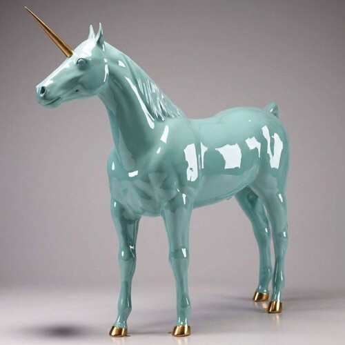 Casa Padrino XXL Deko Skulptur Einhorn Pferd T�rkis / Gold 245 cm - Lebensgro�e Deko Figur - XXL Tierfigur - Garten Skulptur