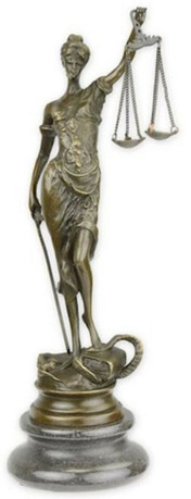 Casa Padrino Luxus Deko Bronze Skulptur Justitia Bronzefarben / Schwarz 7,6 x 7,3 x H. 23,5 cm - Bronze Figur mit Marmorsockel - Schreibtisch Deko Accessoires