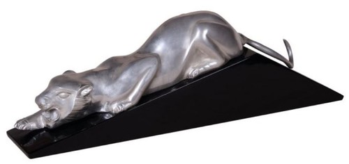 Casa Padrino Luxus Dekofigur Puma Silber / Schwarz 60 x 11 x H. 20 cm - Elegante Messing Figur mit Holzsockel - Deko Skulptur
