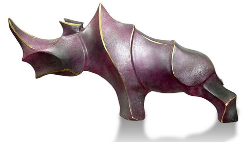 Casa Padrino Luxus Designer Deko Bronze Skulptur Nashorn Lila Metallic / Schwarz / Gold 53 x 18 x H. 27 cm - Abstrakte Bronze Deko Figur - Schreibtisch Deko - Luxus Qualit�t - Made in Italy