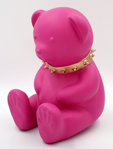 Casa Padrino Luxus Designer Dekofigur Teddyb�r mit Halsband Rosa / Gold H. 31 cm - Kunstharz Deko Skulptur - Luxus Deko Figur - Designer Deko Figur - Luxus Accessoires