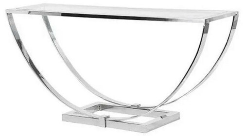 Casa Padrino Luxus Designer Konsole Silber 160 x 40 x H. 75 cm - Metall Konsolentisch mit Glasplatte - Luxus Designer Wohnzimmer M�bel