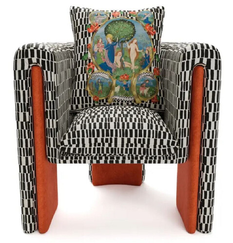 Casa Padrino Luxus Designer Samt Sessel mit Kissen Schwarz / Wei� / Orange 80 x 68 x H. 99 cm - Wohnzimmer Sessel - Hotel Sessel - Wohnzimmer M�bel - Hotel M�bel - Luxus M�bel - Designer M�bel