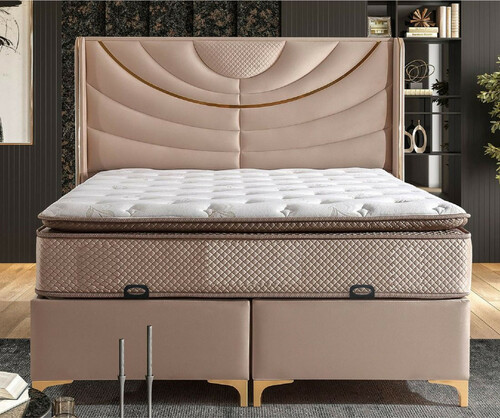 Casa Padrino Luxus Doppelbett Beige / Gold - Verschiedene Gr��en - Massivholz Bett mit Kopfteil und Matratze - Schlafzimmer M�bel - Hotel M�bel - Luxus M�bel