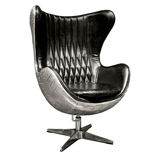 Casa Padrino Luxus Echtleder Drehsessel Schwarz / Silber 79 x 84 x H. 111 cm - Aluminium Flugzeug Flieger M�bel