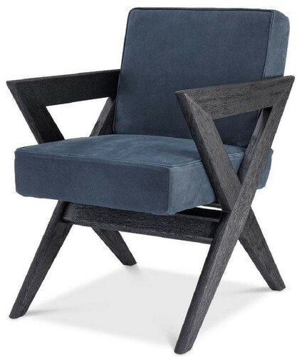 Casa Padrino Luxus Echtleder Esszimmerstuhl mit Armlehnen Blau / Schwarz 59 x 74 x H. 88 cm - K�chenstuhl mit edlem Nubuk B�ffelleder - Luxus Esszimmer M�bel