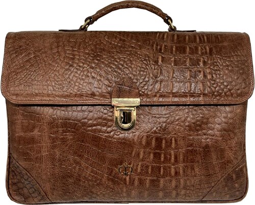 Casa Padrino Luxus Echtleder Herren Aktentasche in Kroko Optik Braun / Gold 42 cm - Made in Italy