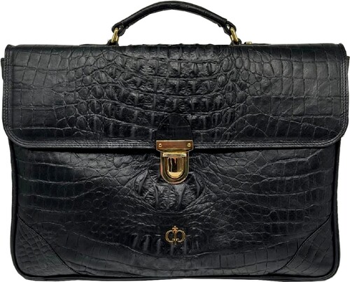 Casa Padrino Luxus Echtleder Herren Aktentasche in Kroko Optik Schwarz / Gold 42 cm - Made in Italy