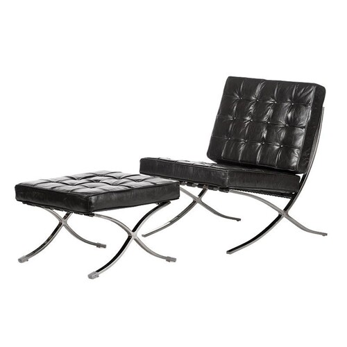 Casa Padrino Luxus Echtleder Lounge Sessel mit Hocker Schwarz 81 x 89 x H. 76 cm - Wohnzimmer M�bel