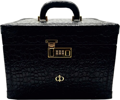 Casa Padrino Luxus Echtleder Schminkkoffer Schwarz / Gold 28 x 16 x H. 16 cm