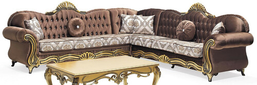 Casa Padrino Luxus Barock Ecksofa Braun / Mehrfarbig / Gold - Prunkvolles Wohnzimmer Sofa mit Glitzersteinen und elegantem Muster - Barock Wohnzimmer M�bel - Edel & Prunkvoll