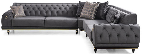 Casa Padrino Luxus Art Deco Chesterfield Ecksofa Grau / Schwarz / Gold 320 x 285 x H. 82 cm - Edles Wohnzimmer Sofa mit dekorativen Kissen - Luxus Qualit�t