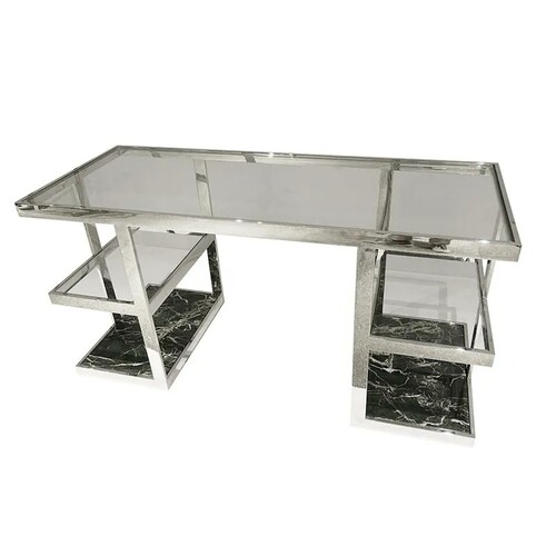 Casa Padrino Luxus Edelstahl Schreibtisch Silber / Gr�n 150 x 60 x H. 76 cm - B�rotisch mit Glasplatte und Marmor