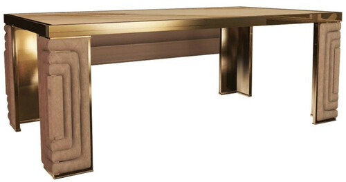 Casa Padrino Luxus Esstisch Gold / Taupe / Wei� 200 x 110 x H. 78 cm - Moderner Esszimmertisch mit Estremoz Marmorplatte - Hotel M�bel - Luxus Qualit�t - Made in Italy