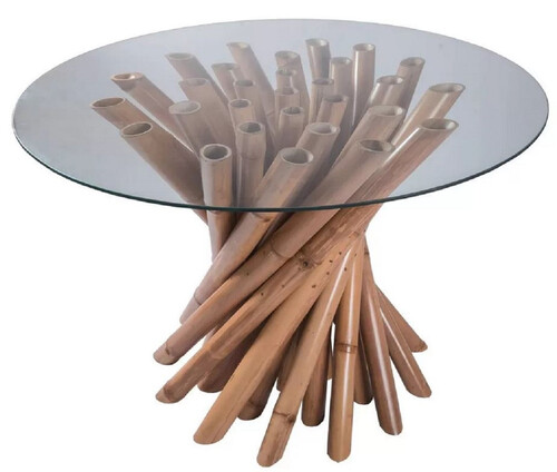 Casa Padrino Luxus Esstisch Naturfarben  120 x H. 80 cm - Runder Bambus K�chentisch mit Glasplatte - Esszimmer M�bel - Bambus M�bel - Luxus M�bel - Luxus Esszimmer Einrichtung