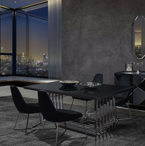 Casa Padrino Luxus Esszimmer M�bel Set Silber / Schwarz - 1 Esstisch & 6 Esszimmerst�hle - Esszimmer M�bel - Luxus Qualit�t
