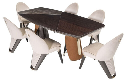 Casa Padrino Luxus Esszimmer Set Dunkelbraun / Creme / Grau / Hellbraun / Gold - 1 Luxus Esstisch & 6 Luxus Esszimmerst�hle - Esszimmer M�bel - Luxus M�bel - Luxus Einrichtung