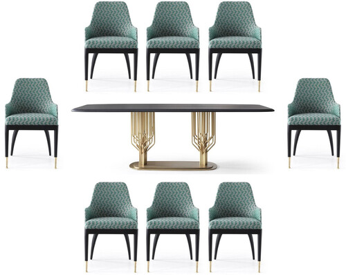 Casa Padrino Luxus Esszimmer Set Gr�n Muster / Schwarz / Messing - 1 Luxus Esstisch & 8 Luxus Esszimmerst�hle - Esszimmer M�bel - Luxus M�bel - Luxus Kollektion