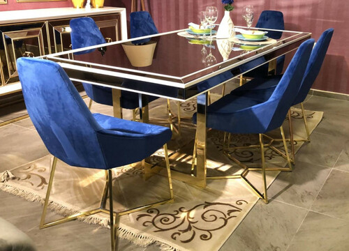 Casa Padrino Luxus Esszimmer Set Blau / Wei� / Gold - 1 Esszimmertisch & 6 Esszimmerst�hle - Luxus Esszimmer M�bel