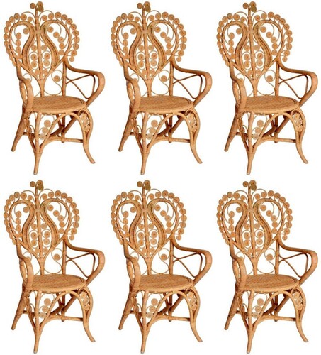 Casa Padrino Vintage Stil Hotel Garten Rattan Esszimmer Stuhl 6er Set mit Armlehnen Naturfarben H. 95 cm