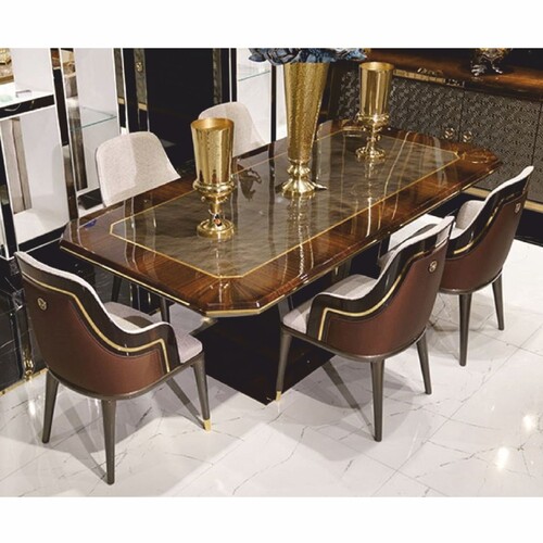 Casa Padrino Luxus Esszimmer Stuhl 6er Set mit Armlehnen Grau / Braun / Gold