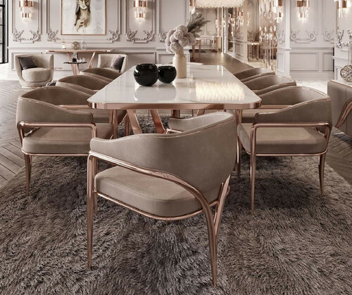 Casa Padrino Luxus Esszimmer Stuhl Set mit Armlehnen Grau / Kupfer 60 x 59,8 x H. 80 cm - K�chen St�hle 8er Set - Esszimmer M�bel - Restaurant M�bel - Luxus M�bel - Luxus Einrichtung