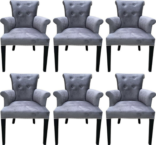 Casa Padrino Luxus Esszimmerstuhl 6er Set Grau / Schwarz - Massivholz K�chenst�hle mit Armlehnen und edlem Samtstoff - Luxus Esszimmer & Restaurant M�bel