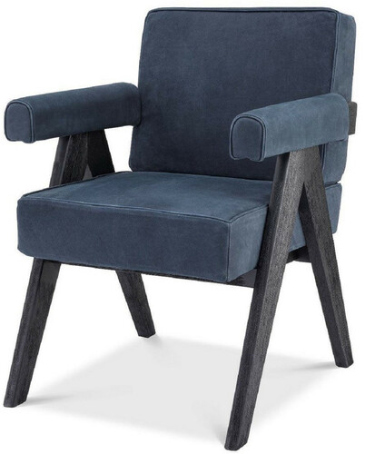 Casa Padrino Luxus Echtleder Esszimmerstuhl mit Armlehnen Blau / Schwarz 64 x 70 x H. 87,5 cm - K�chenstuhl mit edlem Nubuk B�ffelleder - Luxus Esszimmer M�bel