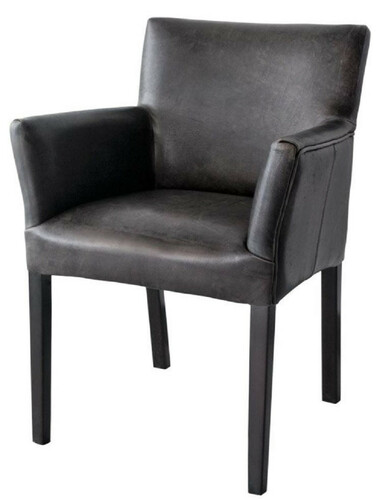 Casa Padrino Luxus Leder Esszimmerstuhl Vintage Schwarz / Schwarz 64 x 61 x H. 85 cm - Echtleder K�chenstuhl mit Armlehnen - Esszimmer M�bel