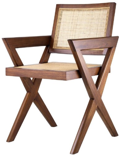 Casa Padrino Luxus Esszimmerstuhl Braun / Naturfarben 53 x 57 x H. 84,5 cm - Massivholz Stuhl mit Armlehnen und handgewebtem Rattangeflecht - Luxus Esszimmer M�bel