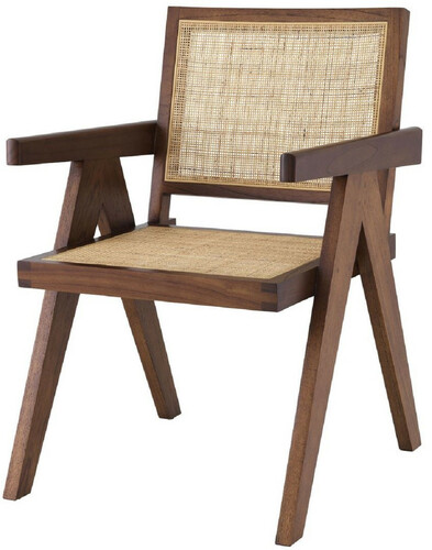 Casa Padrino Luxus Esszimmerstuhl Braun / Naturfarben 57 x 65,5 x H. 90 cm - Massivholz Stuhl mit Armlehnen und handgewebtem Rattangeflecht - Luxus Esszimmer M�bel