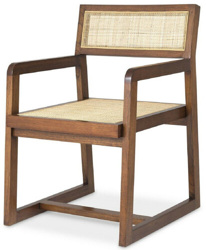 Casa Padrino Luxus Esszimmerstuhl Braun / Naturfarben 58,5 x 65,5 x H. 89 cm - Massivholz Stuhl mit Armlehnen und handgewebtem Rattangeflecht - Luxus Esszimmer M�bel