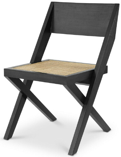 Casa Padrino Luxus Esszimmerstuhl Schwarz / Naturfarben 53 x 56 x H. 85 cm - Massivholz Stuhl mit Rattangeflecht - Luxus Esszimmer M�bel