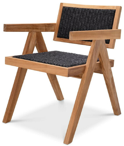 Casa Padrino Luxus Teakholz Esszimmer Stuhl mit Armlehnen Naturfarben / Schwarz 56 x 65,5 x H. 78 cm - Garten Stuhl - Terrassen Stuhl - Garten M�bel - Esszimmer M�bel - Luxus Teakholz M�bel