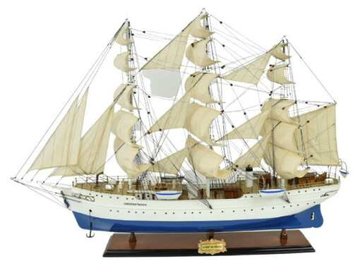 Casa Padrino Luxus Segelschiff Christian Radich Wei� / Blau 97 x 30 x H. 70 cm - Handgefertigtes Deko Schiff - Holzschiff - Modellschiff - Deko Accessoires - Luxus Wohnzimmer Deko